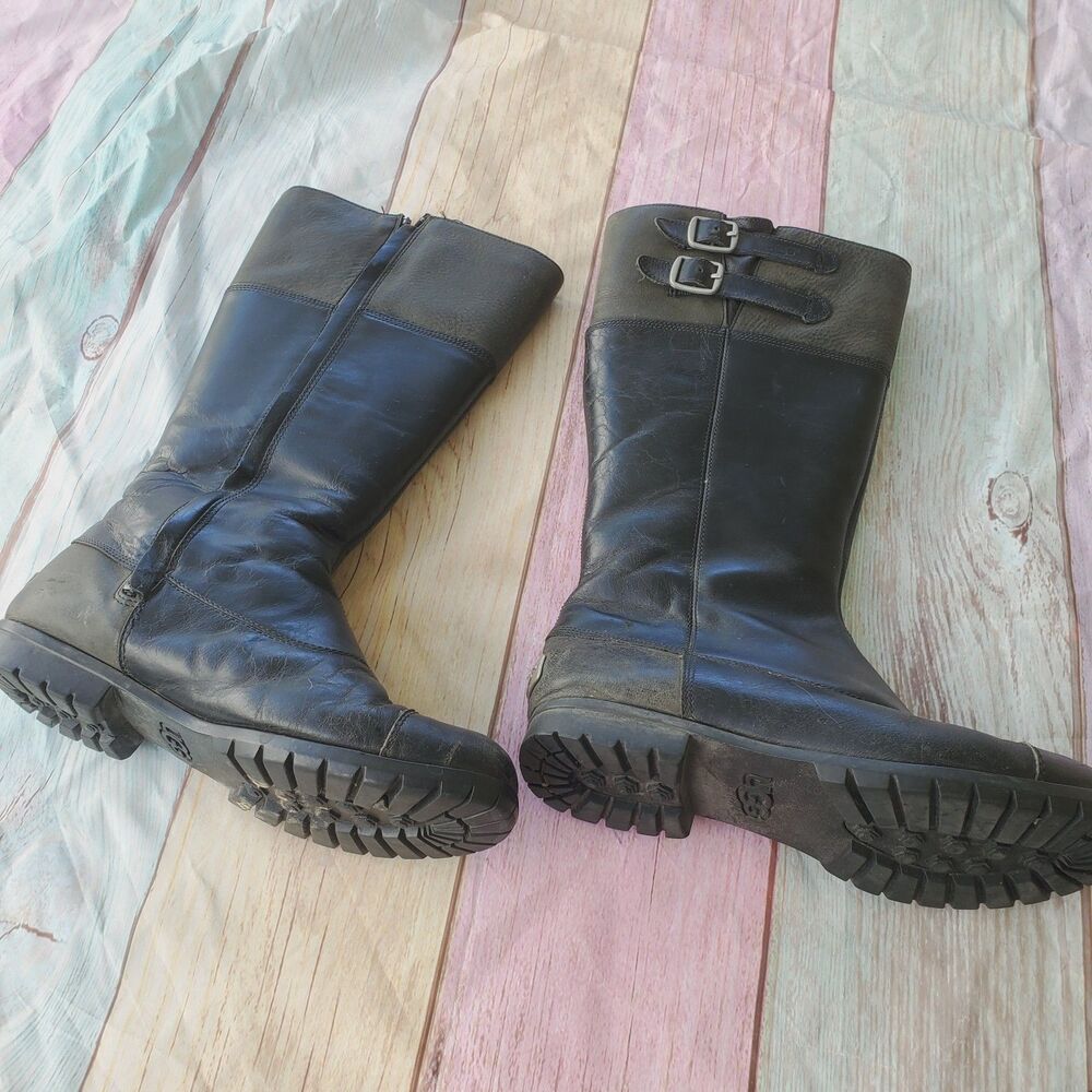 UGG Baralo Riding Boots Womens 7 Black Leather Shearling Lined Buckle Cap Toe